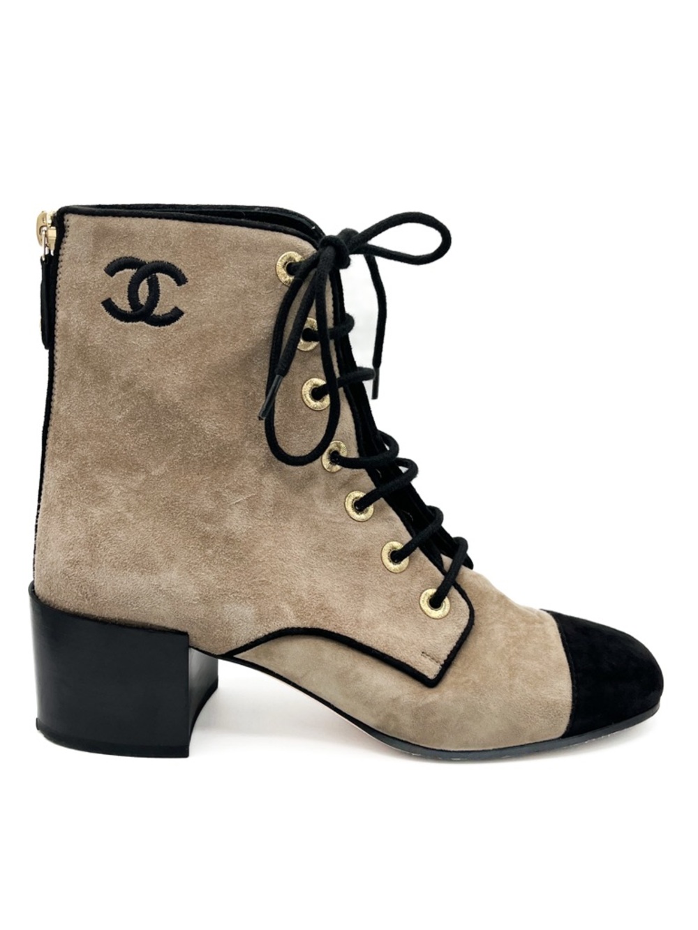 Chanel Interlocking CC Logo Suede CC Lace Up Short Heeled Cap Toe Boots